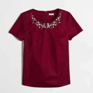 J. Crew Burgundy Red Jeweled Neckline Short Sleeve Blouse Top - Size 4